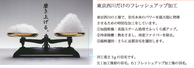 東京西川だけのフレッシュアップ加工　東京西川の工場で、羽毛本来のパワーを最大限に発揮させるための特別な加工をしています。(1)加湿乾燥:高温スチーム処理でふっくら感アップ。(2)冷却除塵:熱をさまし、再度ファイバーを除去。(3)最終選別:さらに良質羽毛を選別します。　同じ重さ3gの羽毛です。左)加工後前の羽毛。右)フレッシュアップ加工後の羽毛。